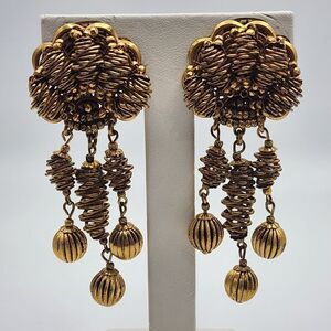 Vintage Miriam Haskell Gold Tone Pinecone Dangling Clip-On Earrings